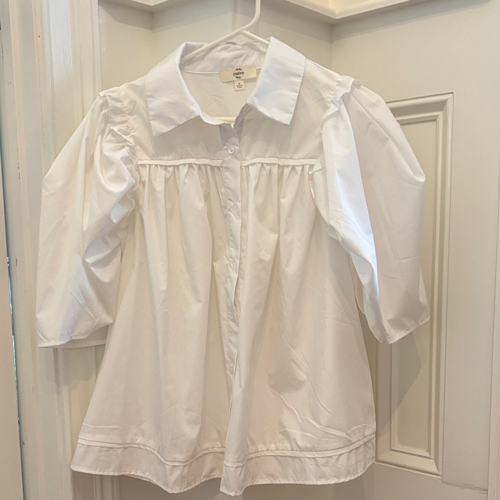 entro White Button-Front Blouse with Puff Sleeves